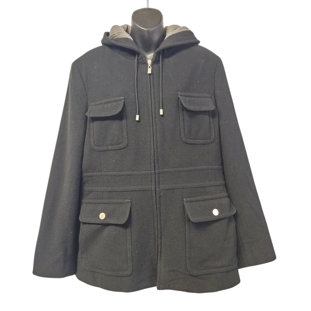 Fleet Street Ltd Womens Black Hooded Zip Up Wool Blend Pea Coat Jacket Size L